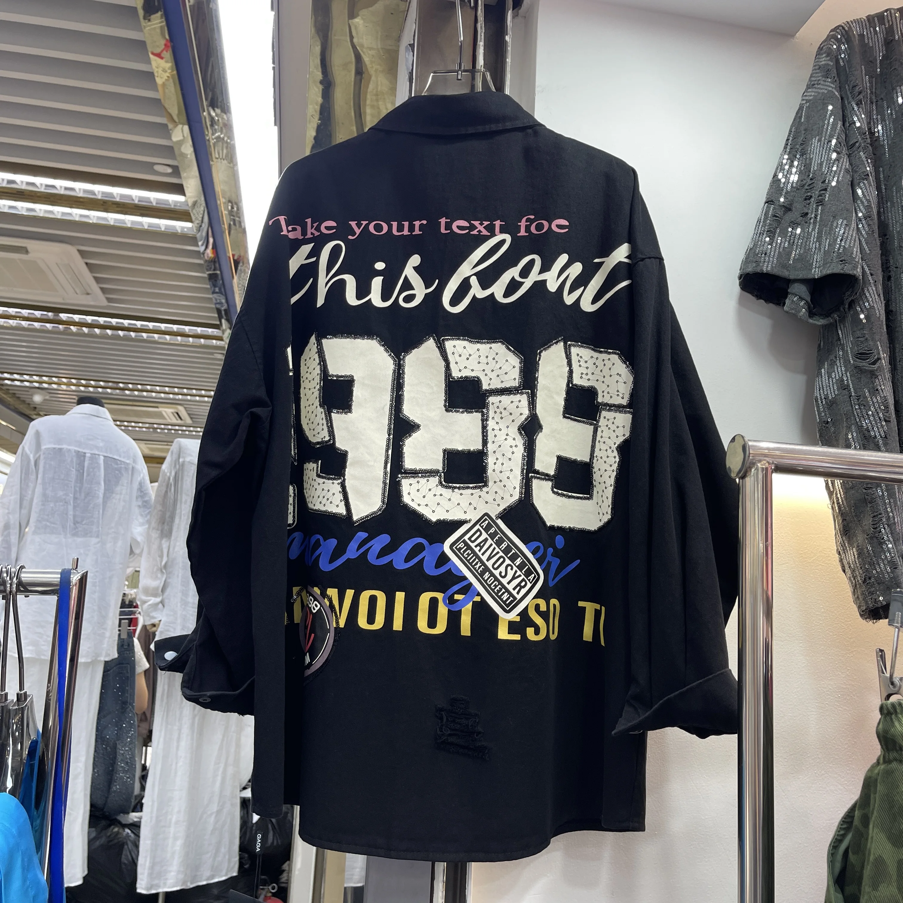 Trendy Brand Shirt Women's Street Style Loose Sequin Print Long Sleeve Cardigan Oversize Jacket Ripped POLO Neck Button Top