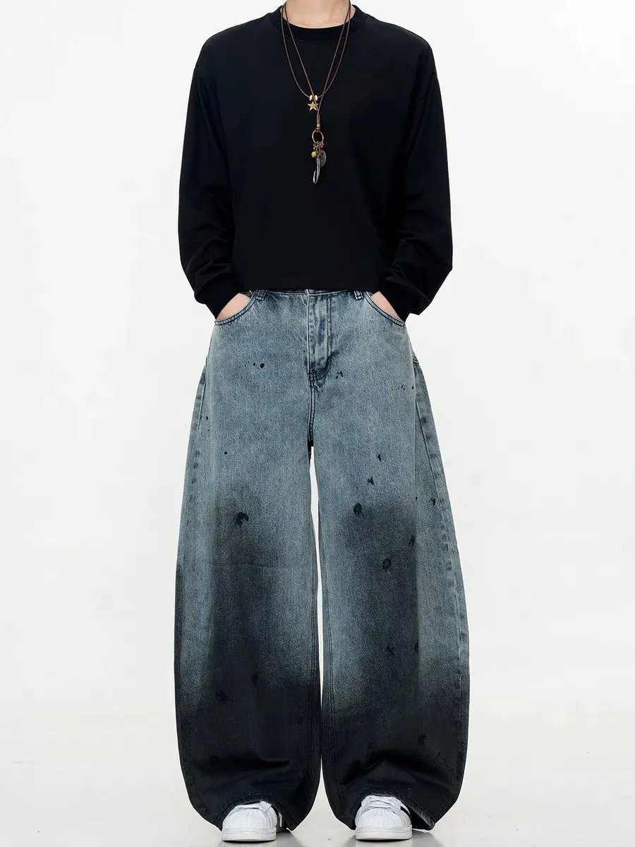 Retro American Waed adient Spray fiti Coltello curvo Jeans larghi casual gamba larga fino al pavimento per uomo e donna