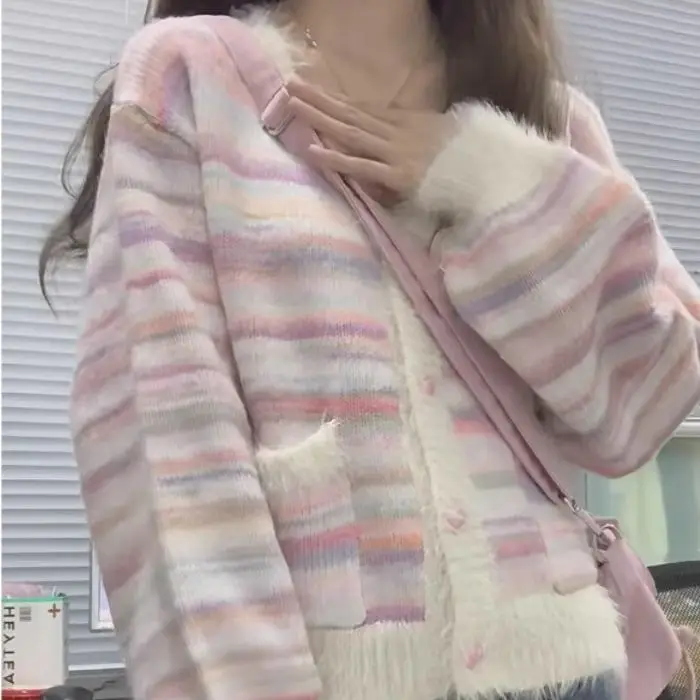 

2024 New Arrival Rainbow Striped Cardigan for Women, Loose Knitted Sweater with V-Neck and Milk Style, Pink cardigã feminino