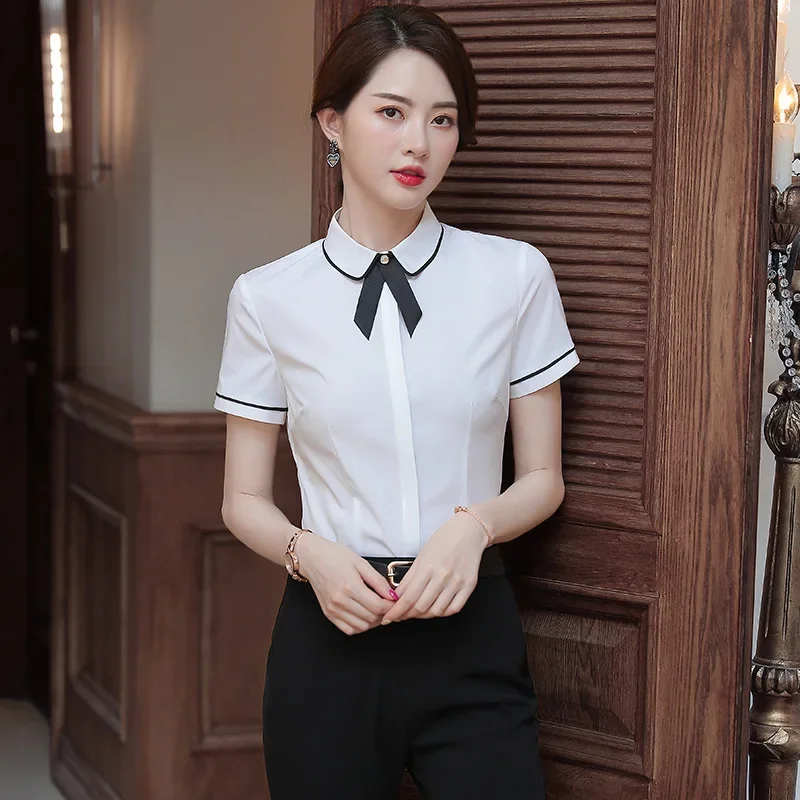 Women's Summer Bodysuit White Shirts Office Short Sleeve Slim Fit Korean Fashion, Business Work Blouse Jumpsuit Women's Bodysuit