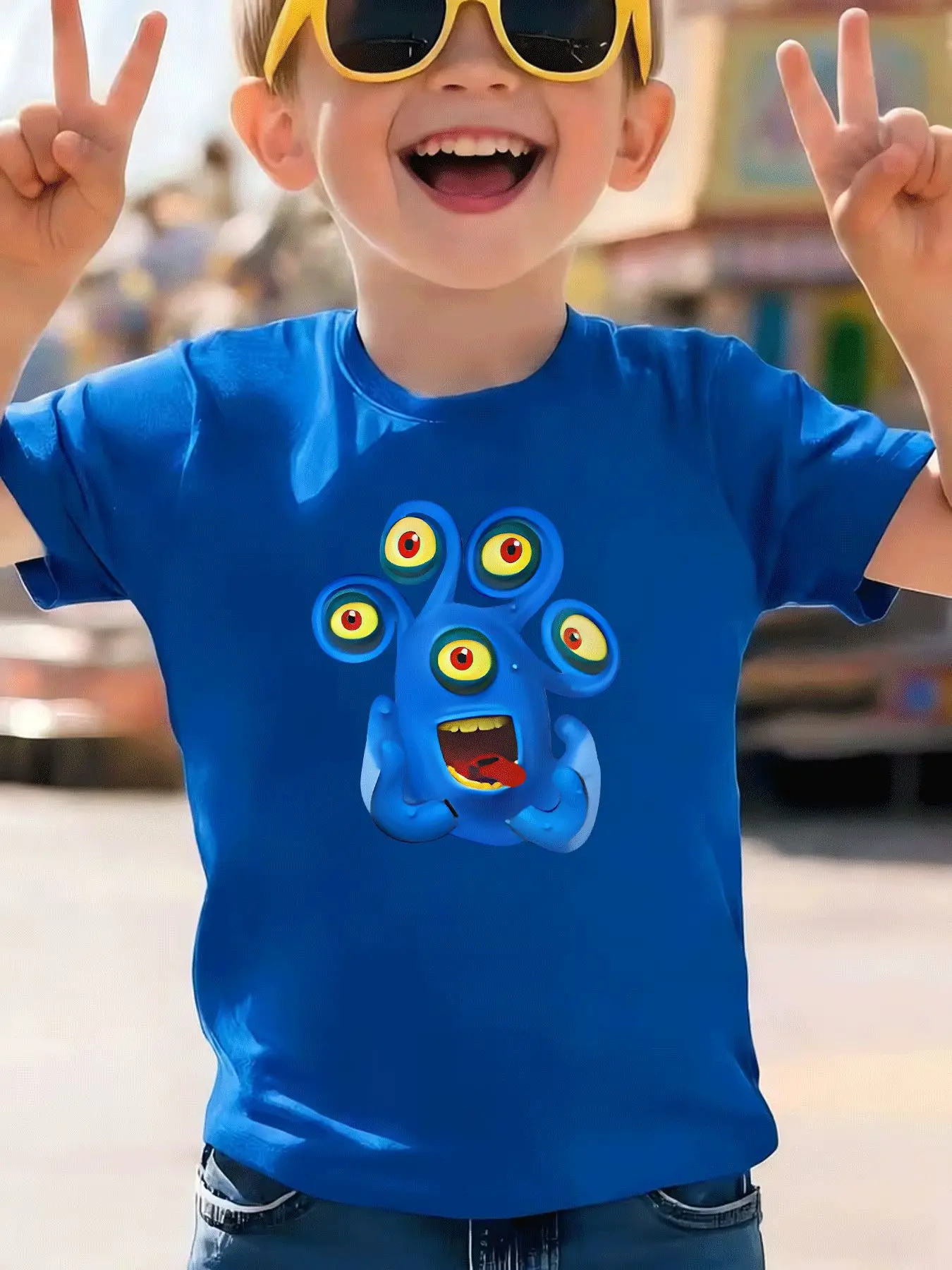 Fun Five Eyes Monster Printed Children's Fashion Creative Summer Round Neck T-shirt Casual Parent Child Top