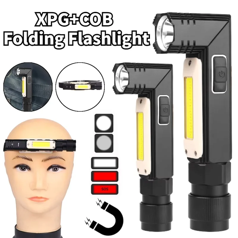 

LED Flashlight Ultra Bright Waterproof COB Light 90 Degree Twist Rotary Clip USB Rechargeable Super Bright 5 Modes LED Torch