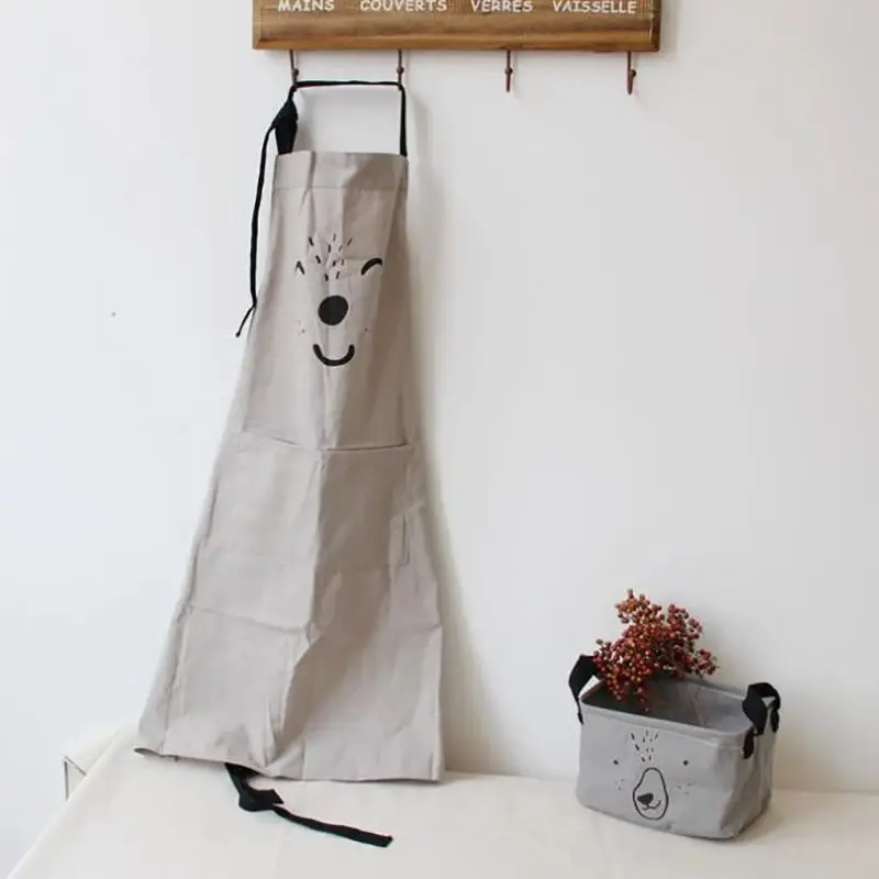 Cartoon Cotton Linen Bib Apron Solid Color Kitchen Cooking Apron with Pocket Clothes Gift for Adult Children Gardening Works