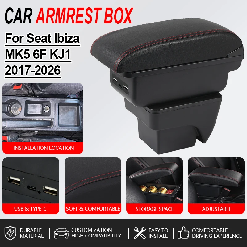 

Armrest For Seat Ibiza For Ibiza MK5 6F 2017-2026 Car Console Black Armrest Storage Box with USB Interior Design Car Accessories