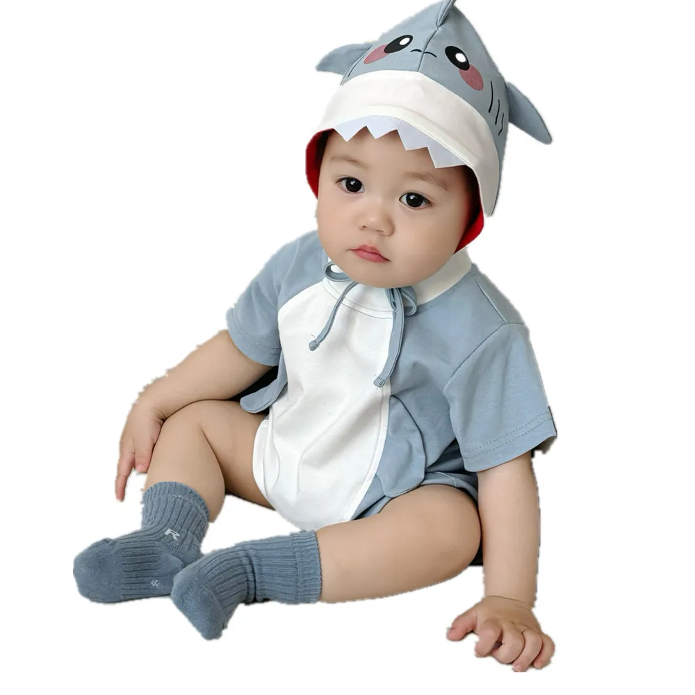 

25 Summer Korean Version Baby Jumpsuit Three-dimensional Shark Shaped Baby Hoodie Short Sleeved Children's Bag Fart Outfit Set