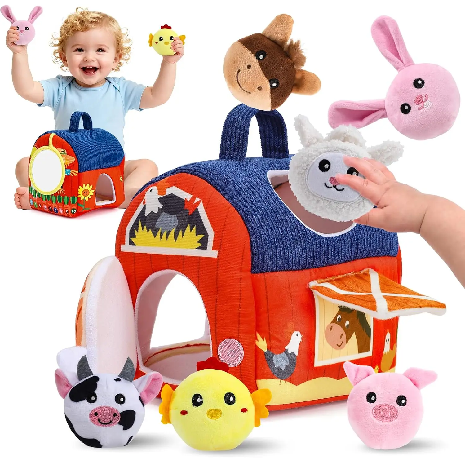 Plush Baby Toys 6-12 Months Sound Barn with Stuffed Farm Animals Montessori Toy Interactive Baby Sensory Toys Infants Toddlers