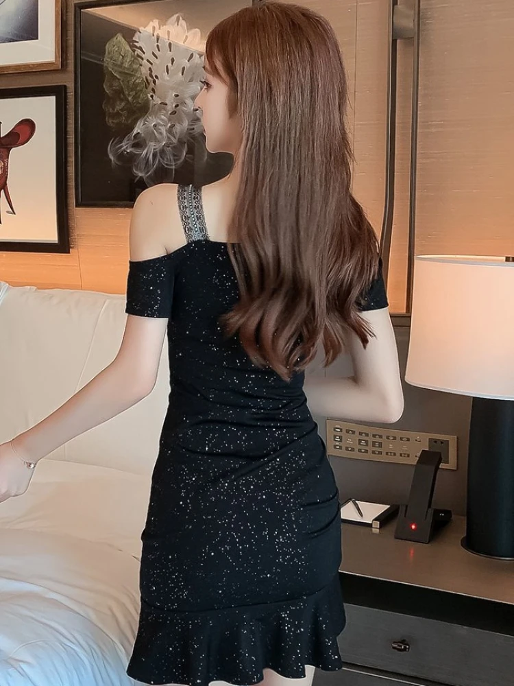 disco club sequin mini dress black Y2K Black Sequin Feather Mini Dress