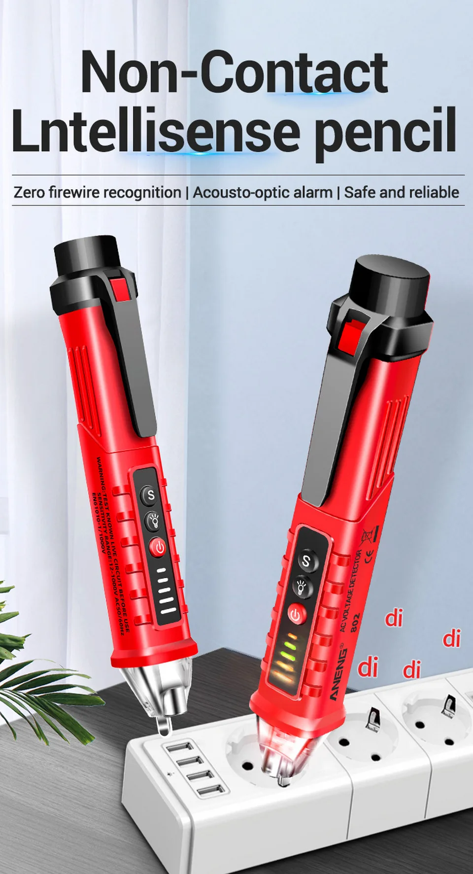 ANENG VD802 Berührungsloser Wechselspannungsdetektor Tester Messgerät Spannung 12V-1000V Stiftförmiger Elektrischer Indikator LED-Spannungsmessgerät Werkzeuge – Detail 1