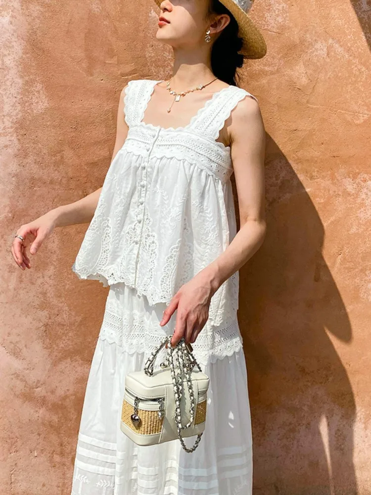 Bohemian White Square-neck Vest Top + Skirt 2-piece Set Women French Holiday Hollow Embroidery Skirt Set Casual Beach Outfits view 4