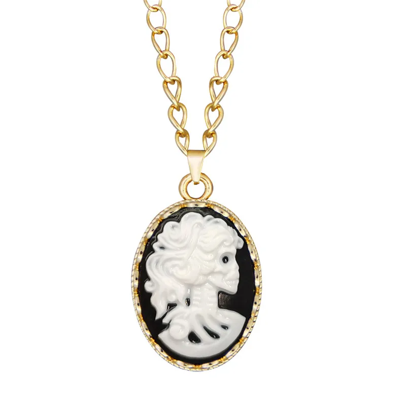 Classic Cameo Skulls Head Necklace For Women Gold Color Fashion Lady Skeletons Pendant Hollow Flower Jewelry