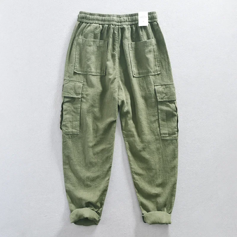 

Z624 Men's Premium Cotton Linen Pants Elastic Waist Solid Color Simple Vintage Loose Casual Soft Thin Multi Pocket Cargo Trouser