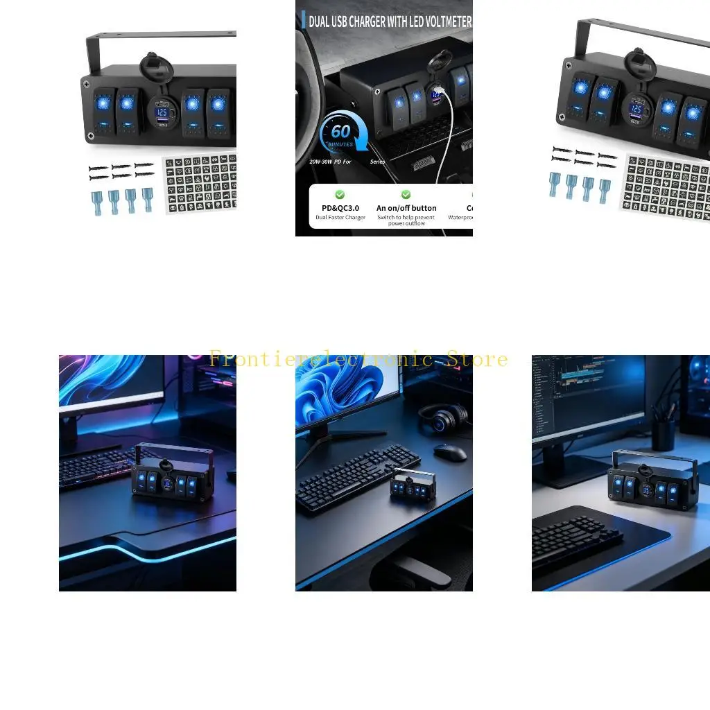 G8DB 4Gang Rocker Switching Box USB Chargers Voltmeter Switching Panel With PD QC3.0 Fast Charging USB Port For Car Boats Marine