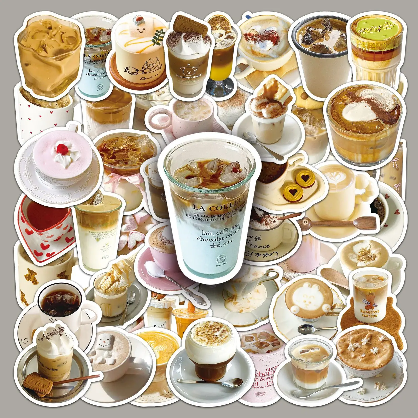 50PCS Brown Coffee Graffiti Style Stickers Food Drink DIY Waterproof Decals for Refrigerator Water Cup Luggage Phone Case Toy