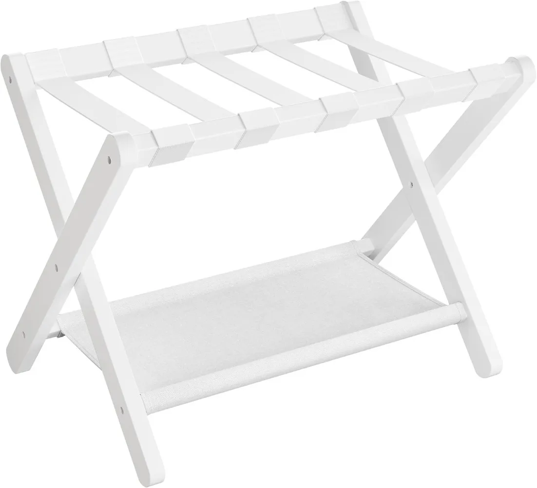 

Folding Suitcase Stand with Storage Shelf, for Guest Room, Hotel, Bedroom, Heavy-Duty, Holds Up To 131 Lb, Classic White