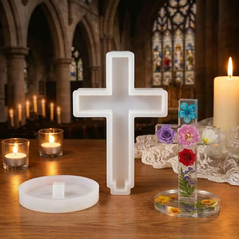 A set of cross molds with a base，Includes a silicone mold for a standing cross，Decorated with floral patterns，Used for makingDIY