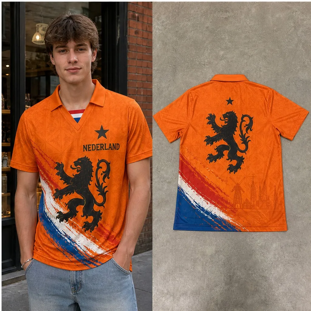 Mens Nederland Lion Brush Stripe Graphic Semi Polo V Neck T Shirt Short Sleeve Casual Orange Dutch Pride Jersey Top Heritage Fit