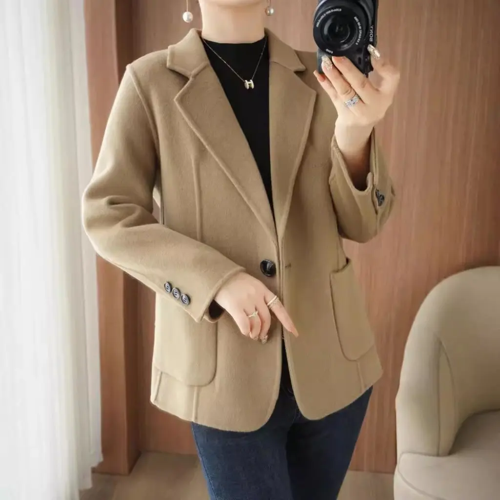 

Women's Double-Sided Cashmere Coat Autumn Winter Fashionable Short Dress Collar Korean Style 100% Wool Elegant Jacket