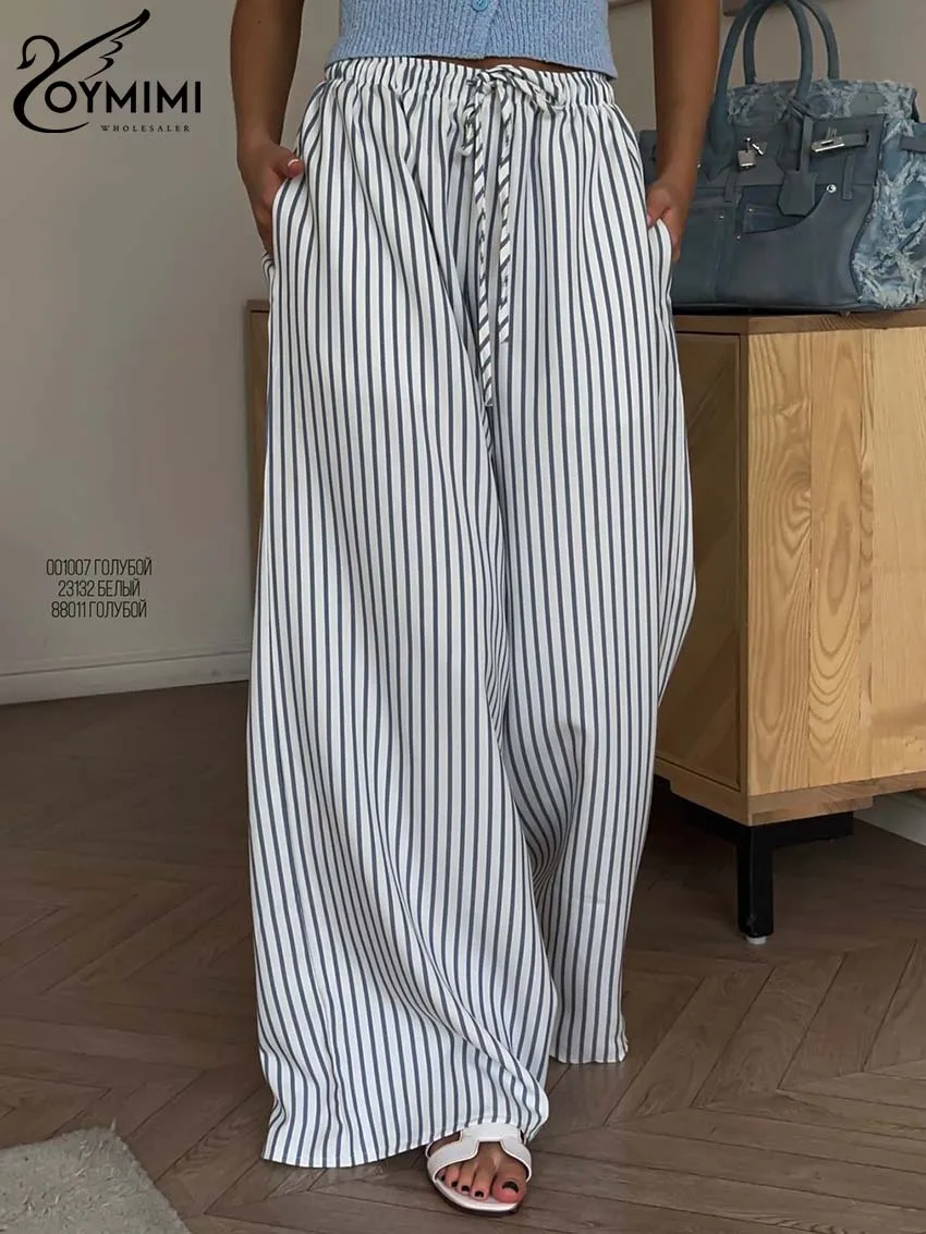 Oymimi Fashion White Print Women Pants Causal Drawstring High Waisted Trousers Elegant Straight Full Length Pants Female Clothes