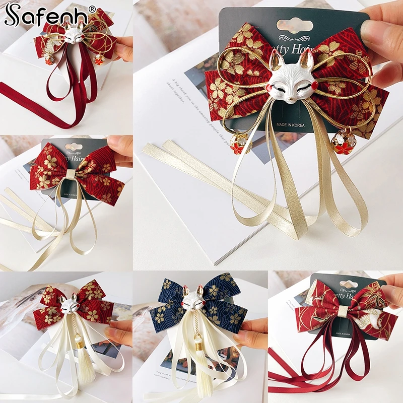 1PCS Exquisite Japanese Fox Bow Tassels Ribbon Hair Clip Headwear Girl Cartoon Hairpin Hanfu Cosplay Clothing Accessories