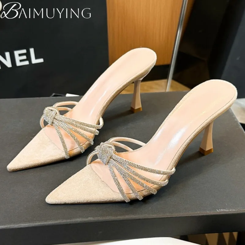 

Crystal Pointed Toe Women Slippers High Heels Shoes Bow Sandals Summer 2025 Trend Dress Shallow Sexy Pumps Party Sandalias Mujer