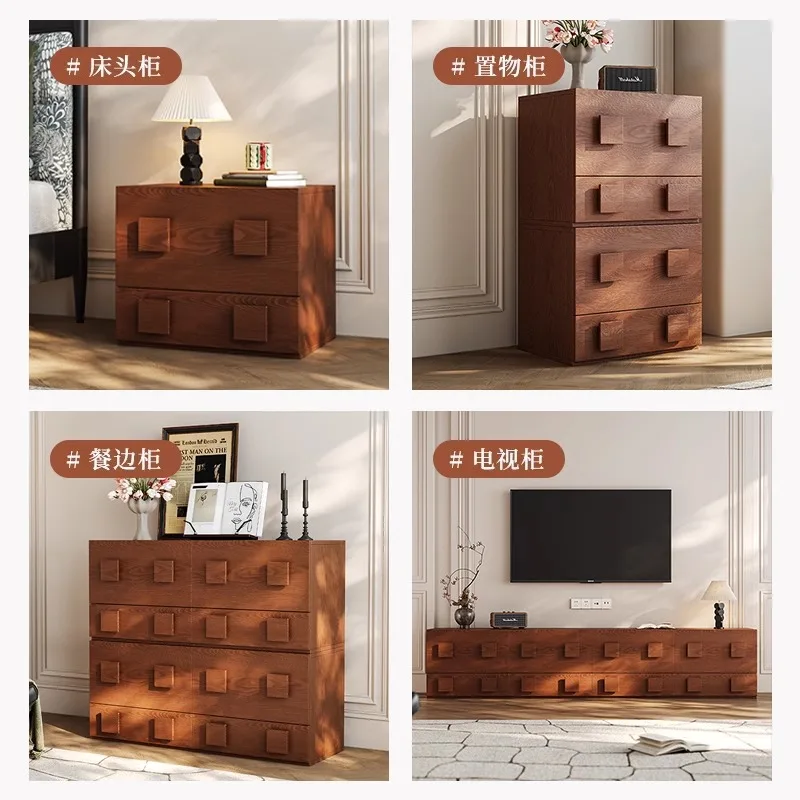 Medieval style card door cabinet, living room home retro style TV cabinet, high-end ash solid wood floor combination locker