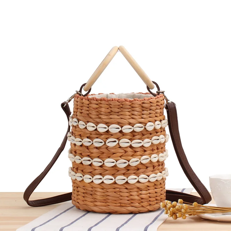 

Fashion Shell Rattan Bucket Bag Wooden Round Handle Women Handbags Wicker Woven Straw Shoulder Crossbody Bags Summer Beach Bag