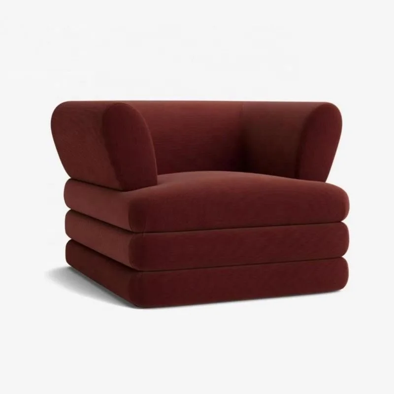 #Burgundy Velvet Lazy Sofa Stacked Layered Base Rounded Arms PlushOversized Cushion Modern Minimalist Cozy Living Room Furniture