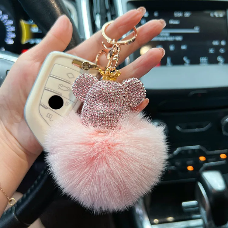 Creative Diamond-Encrusted Bear Keychain, Fur, Fox Fur, Car Key Chain, Bag Pendant, Fashion Small Gift