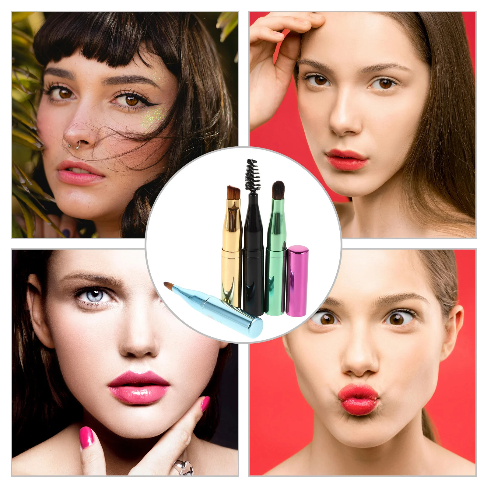 1Set Multifunctional 4in1 Makeup Brush Set Eyebrow Lip Eyeshadow Portable Travel Kit Eyebrow Brush Applicator Travel Makeup Set
