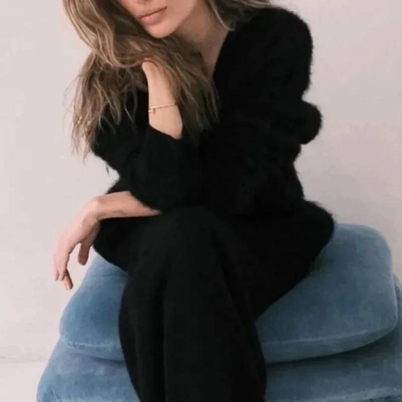 Korean Fashion Women's V-neck Cardigans Solid Knitted Long Sleeve Oversized Sweater with Buttons Female Coat Jacket