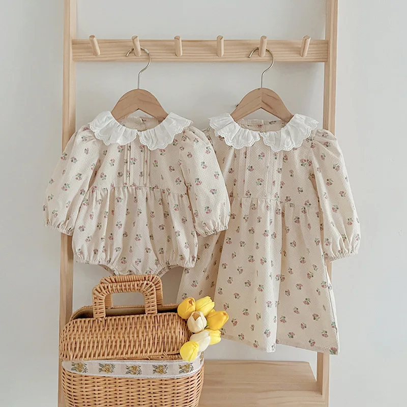 

Baby Clothes Spring New Style Girl Long Sleeve Romper Doll Collar Floral Girl Dress Sister Outfit