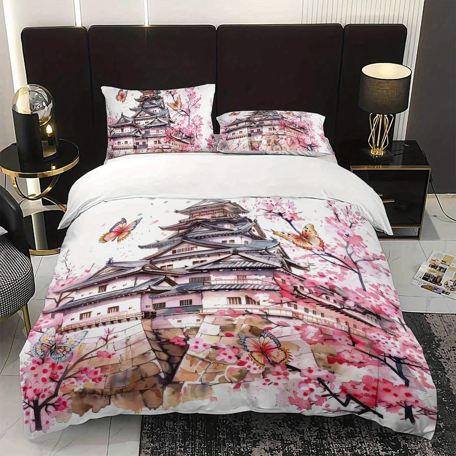 

3pcs Japanese Cherry Blossom Castle Bedding Duvet Cover Set Japanese Style Bedding Quilt Set Watercolor Themed Bed Set Spring