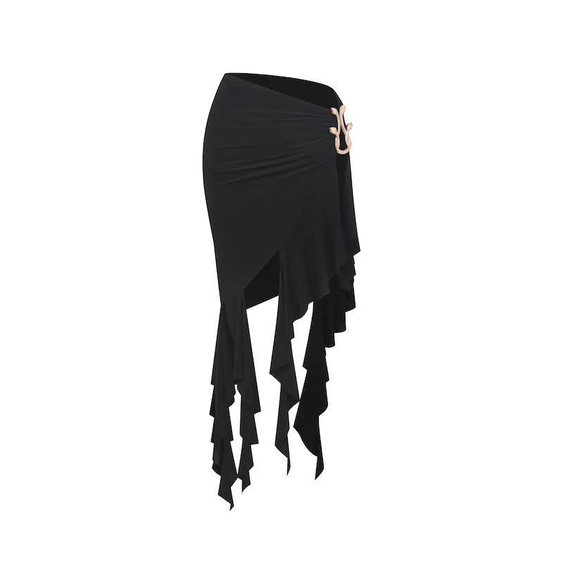 

Customized ZYM Half Skirt Irregular High Waist Latin Dance Skirt Practice Dress Women's Metal Buckle Design 26029