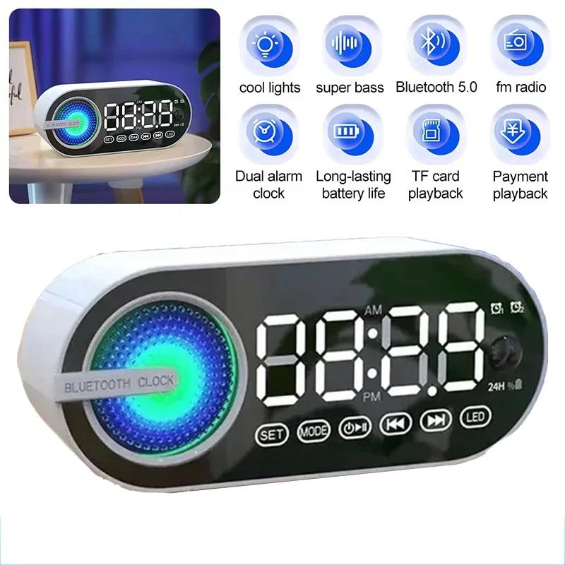 Radio Reloj Despertador con Carga USB, Altavoz Bluetooth Portátil RGB, FM, Pantalla LED Grande, Silencioso, Espejo Digital, para Oficina, Dormitorio, Habitación