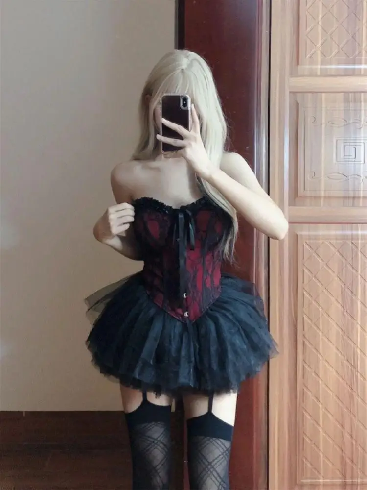 

Pure Desire Court Sle loween Outfit Strapl Top High Waist Tulle Flared Skirt Sexy Set Women's Faion Ensemble