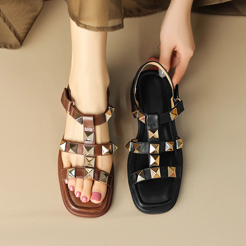 Genuine Leather Studded Slingback Heel Rivet Women's Sandals With Adjustable Ankle Buckle Roman Pumps Heels Sandals
