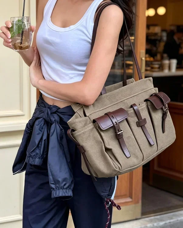 2026 New Fashion Canvas Shoulder Bag Olive Green Multifunctional Pockets Summer Casual