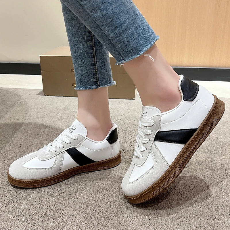 New Women\'s Vulcanize Shoes Design Korean Round Toe Lace Up Genuine Sports Casual Women\'s Sneaker Shoes for Holiday Working