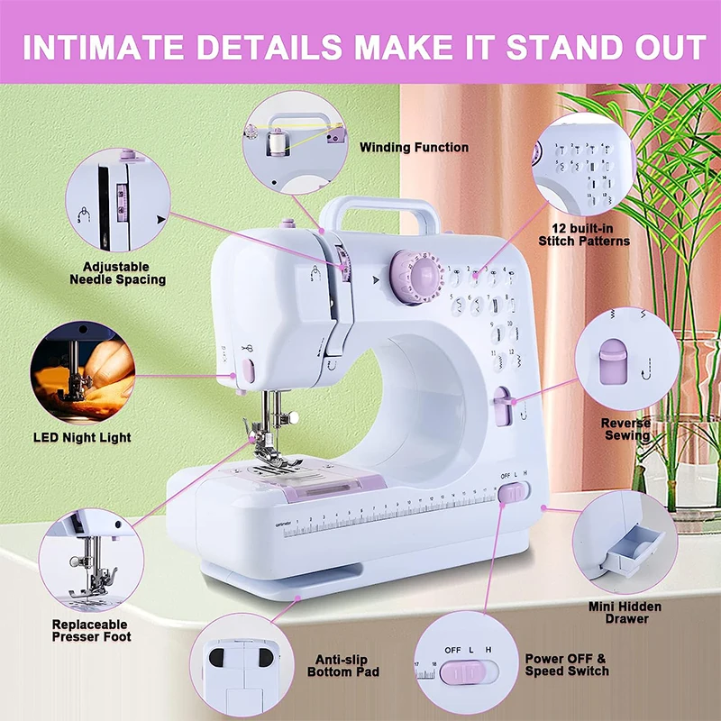 Portable Sewing Machine for Beginners Kids Mini Electric Household Crafting Mending Sewing and 12 Built-In Stitches