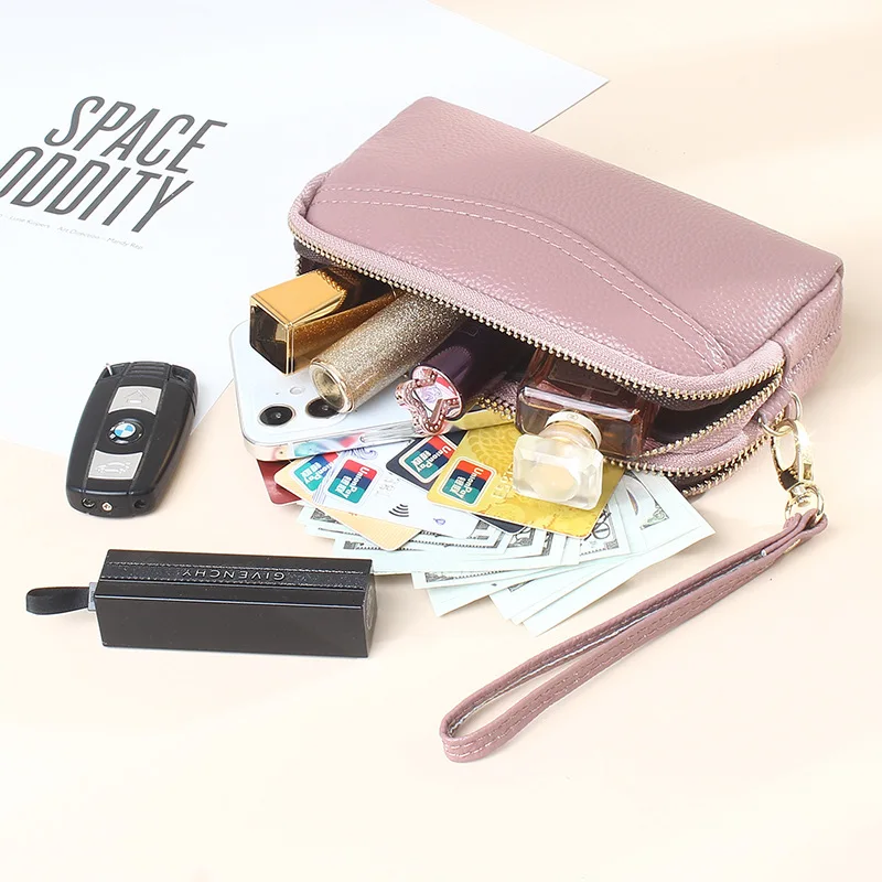 Genuine Leather Women Clutch Bag Double Zipper Handbags Ladies Evening Party Wristlet Clutch Wallet Female Purse