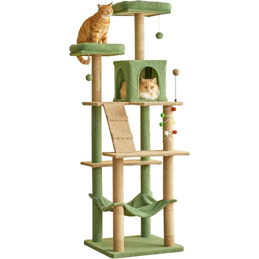 

70,1-дюймовое зеленое большое кошачье дерево, многоуровневая высокая кошачья башня для домашних кошек, плюшевая кондоминированная для кошек с большими мягкими жердонами, покрытая сизалем