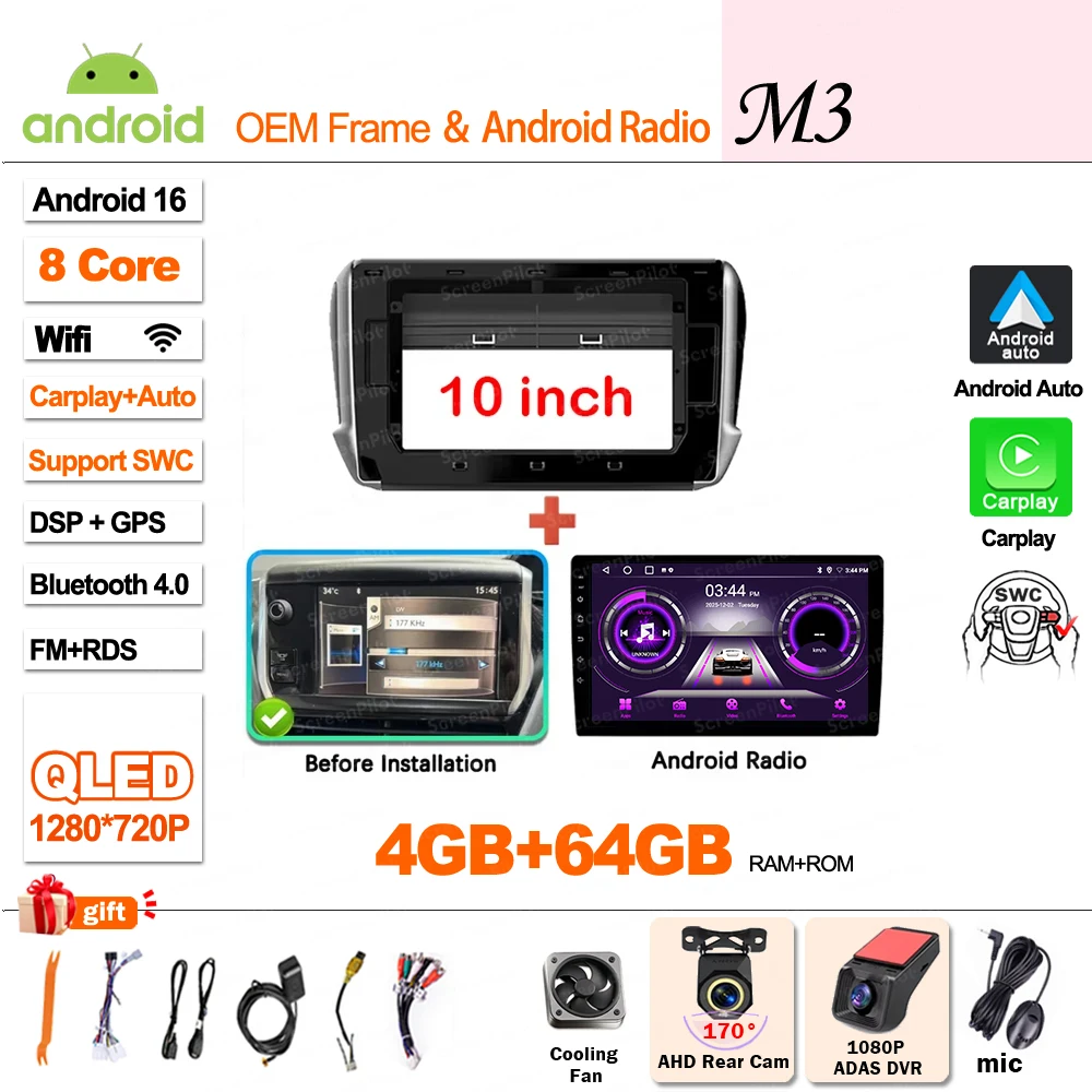 Autoradio Multimedia Speler Voor Peugeot 2008 208 2014-2018 Draadloze CarPlay Android 16 Auto Intelligente Systemen Autoraido gereedschap