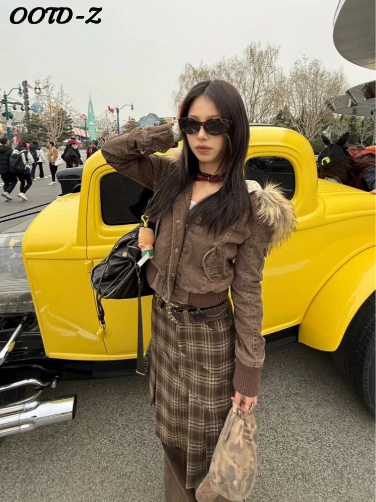 

Street Faux Fur Hood Coat Women Retro Single Breasted Full Sleeves Pockets Cropped Jacket Female 2025 Casual Autumn Lady Outwear