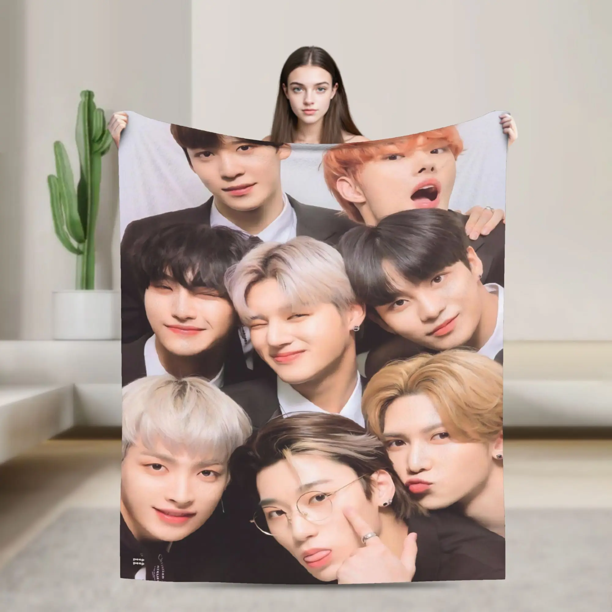 Ateezs Kpop Group Blanket Fleece Spring/Autumn  Multi-function Warm Throw Blanket for Bedding Outdoor Bedding Throws