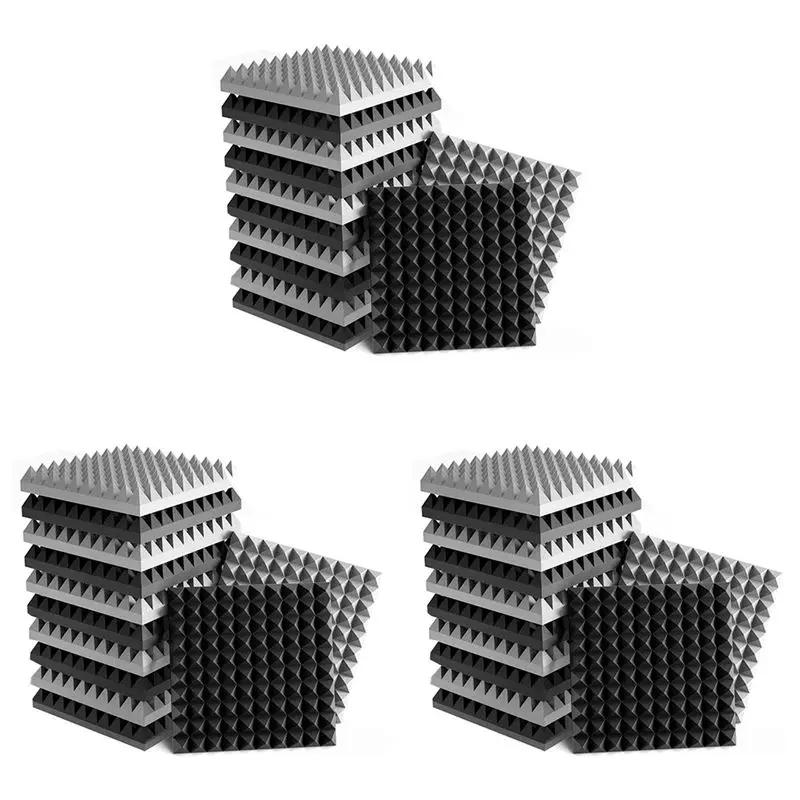 AEF6-36 Pack Self-Adhesive Sound Proof Foam Panels 2X12X12 Inch Pyramid Design Acoustic Foam,For Home Studio,Black + Gray