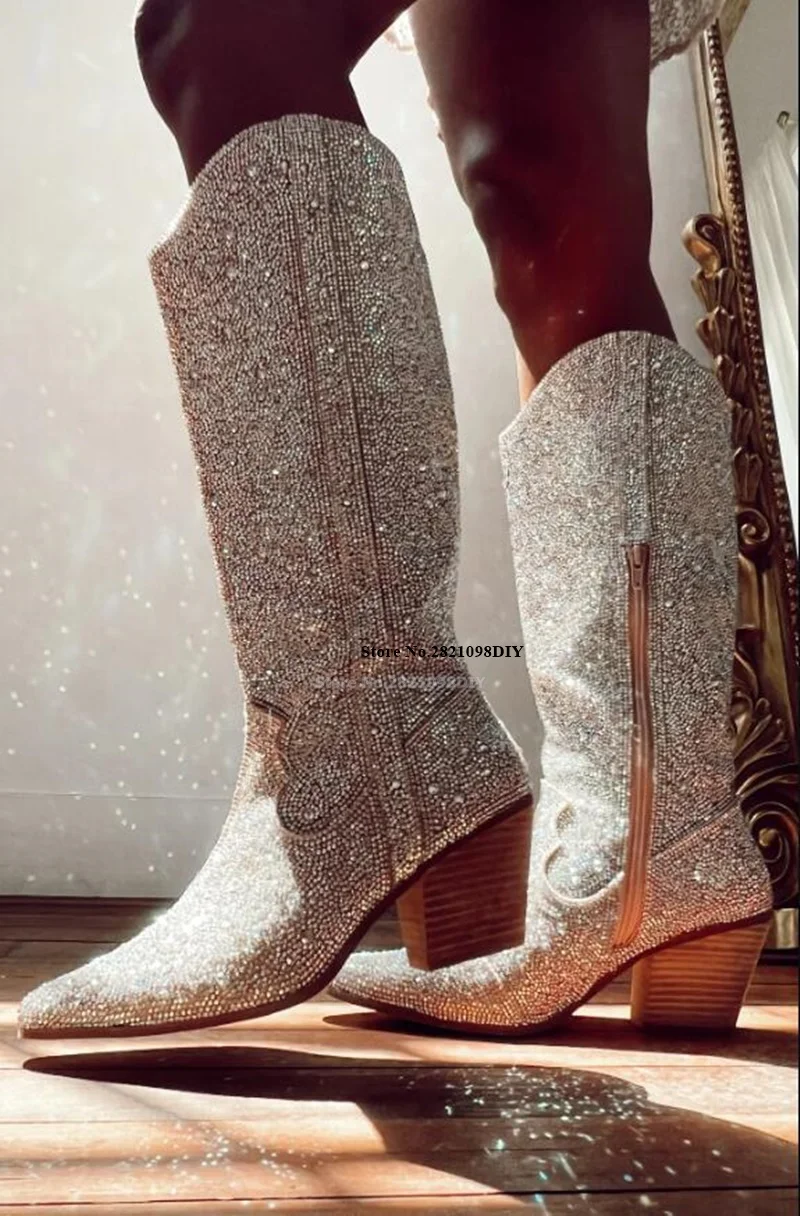 

Rhinestone Western Booties for Women Leather Chunky Heeled Women's Cowboy Knee High Boots Diamond Studded Zip Up Bota