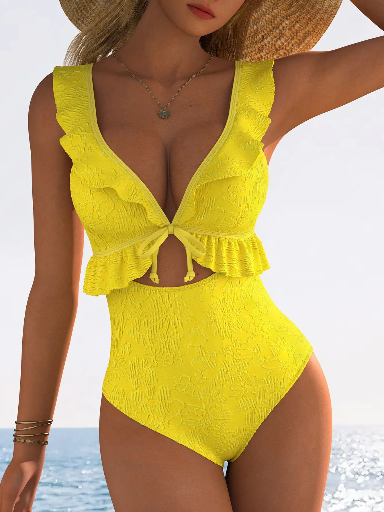 Damski seksowny strój kąpielowy jednoczęściowy typu monokini z falbankami, wiązany na szyi, z regulowanymi wiązankami, odkryte plecy, letnia odzież plażowa, jednolite bikini.