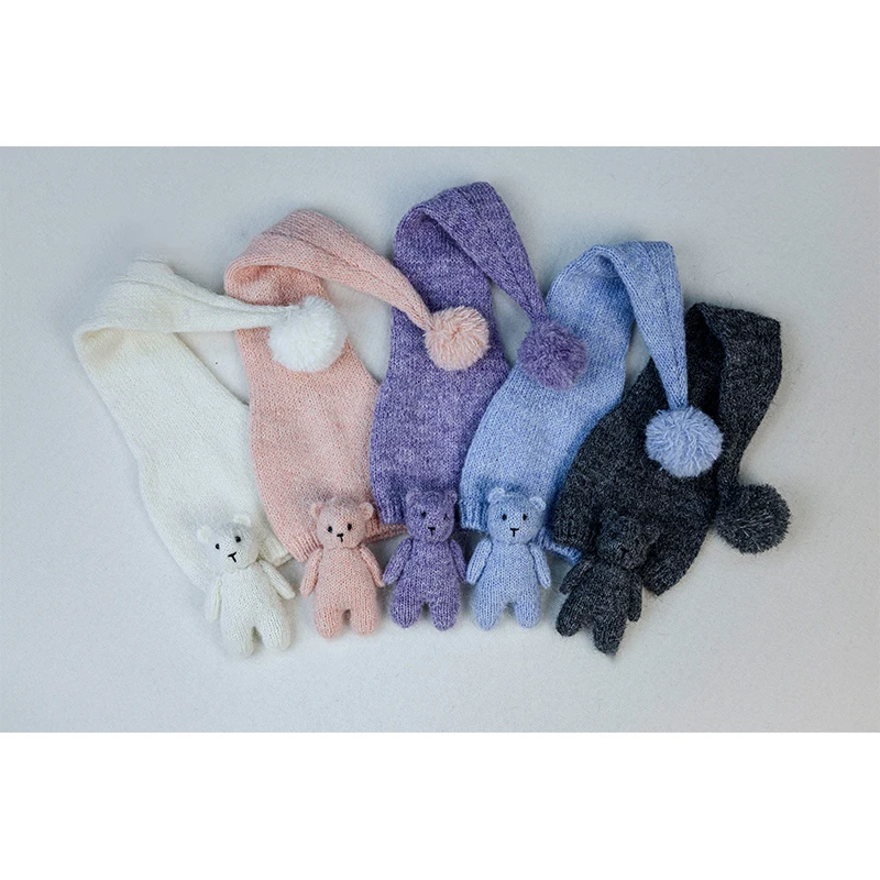 2pcs/set Baby Soft Pom Poms Hat with Bear Doll Newborn Photography Prop Baby Elastic Knitted Hat+Handmade Doll All-Match WarmHat