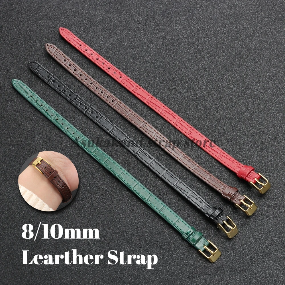 New Ultra-thin Leather Watch Band 8mm 10mm Small Size Universal Women Men Wristband Black Fashion Gold Buckle Strap Accessories
