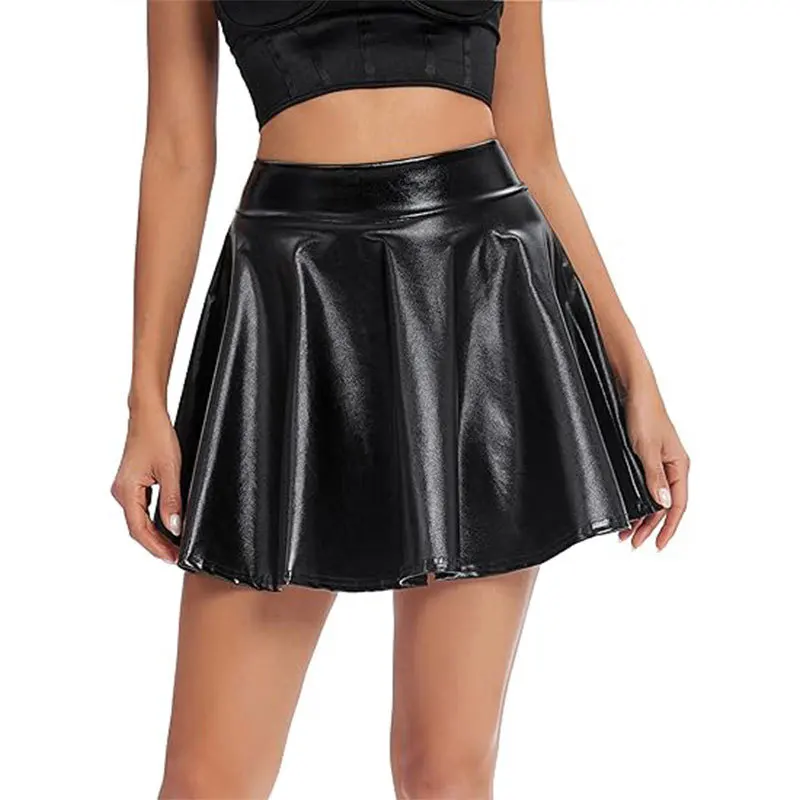 Sexy Women Slim Imitation PU Skirt High Waist Short Mini Skirt Pleated Party Faux Leather Skirts